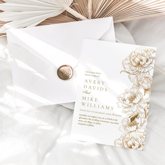 Photo Floral Peonies White Golden Elegant Wedding Invitation (Creator Uploaded)