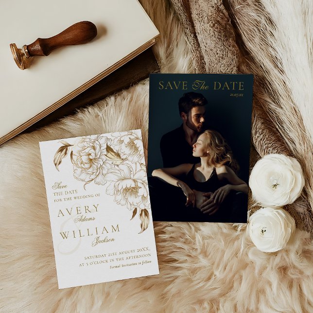 Photo Floral Peonies White Golden Elegant Wedding Save The Date (Creator Uploaded)