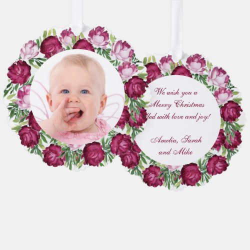 Photo Floral Peonies Wreath Pink Burgundy Flowers  Ornament Card