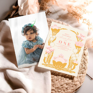 Photo Floral Pink Gold 1st Birthday Invitation