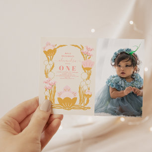 Photo Floral Pink Gold 1st Birthday Invitation