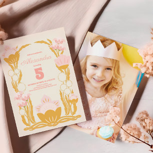 Photo Floral Pink Gold kids Birthday Invitation