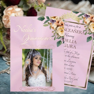 Photo & Floral - Pink Quinceanera Foil Invitation