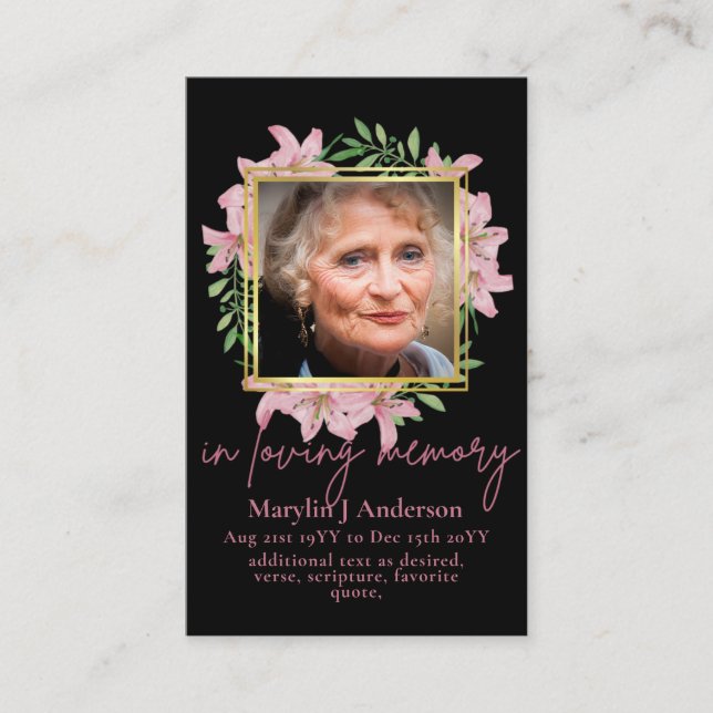 Photo Floral Prayer Card Memorial Celebration  Lif (Front)