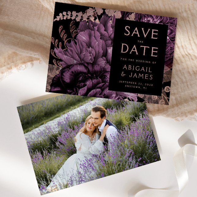 Photo Floral Purple Rose Gold Save the Date Invitation (Creator Uploaded)