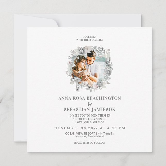 *~* PHOTO Floral QR code AR16 RSVP Wedding Invitation (Front)