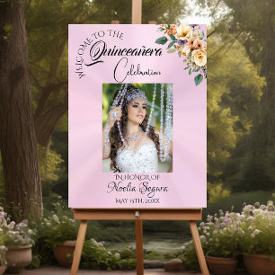 Photo & Floral Quinceanera Welcome - Pastel Pink Foam Board