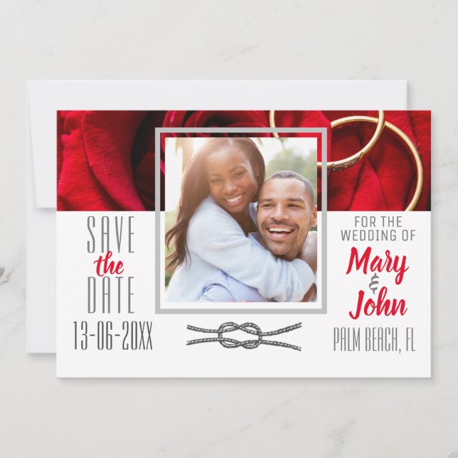 Photo Floral Red Rose  with Ring  Wedding Save The Date (Front)