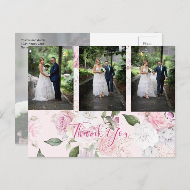 Photo Floral Roses Romantic Wedding Thank You  Postcard (Front/Back)