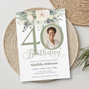 Photo Floral Sage 40th Birthday Invitation