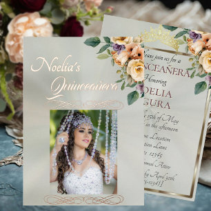 Photo & Floral - Sage Quinceanera  Foil Invitation