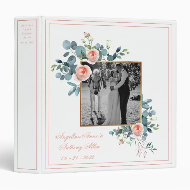 Photo Floral Script Personalized Wedding Keepsake  3 Ring Binder (Front/Spine)