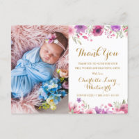 Photo Floral Script Thank You Birth Announcement