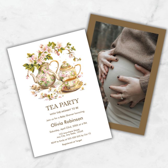 Photo Floral Tea Party Time for Tea Baby Shower  Invitation (Photo Floral Tea Party Time for Tea Baby Shower Invitation   )