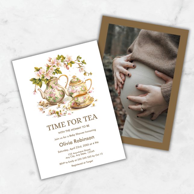 Photo Floral Teapot Time for Tea Baby Shower  Invitation (Floral Teapot Photo Time for Tea Baby Shower Invitation )