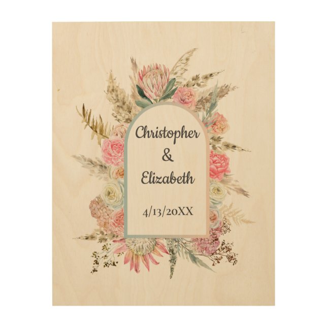 Photo Floral Wedding Anniversary Names Dates  Wood Wall Art (Front)