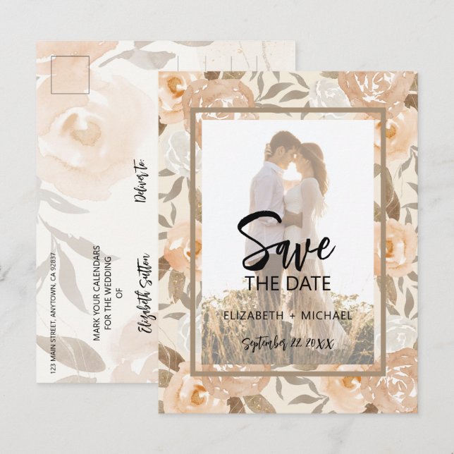 Photo Floral Wedding Save The Date Announcement Postcard (Front/Back)