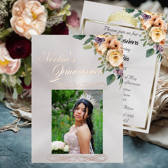 Photo & Floral - White Pearl Quinceanera Foil Invitation (Creator Uploaded)