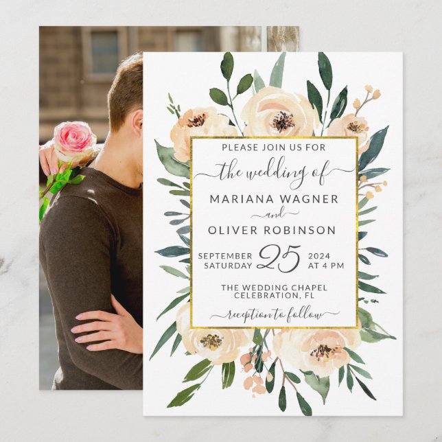 Photo Floral White Wedding Invitation (Front/Back)