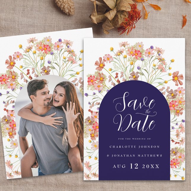 Photo Floral Wildflower Boho Wedding Save The Date (Photo arch boho fall rustic wildflower floral navy blue and white wedding save the date invitation )
