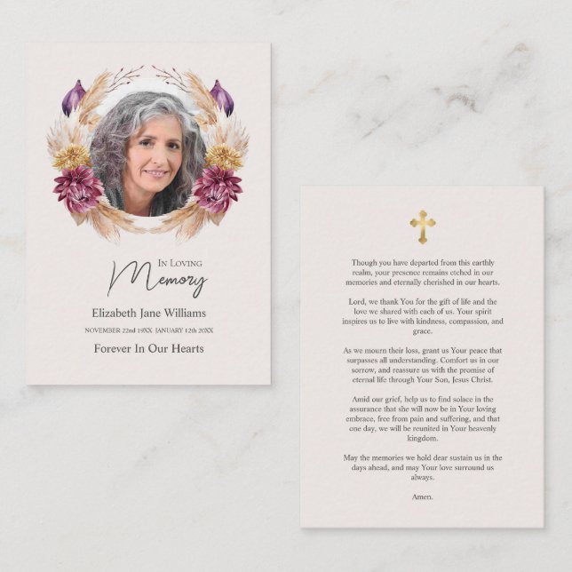 Photo Floral Wreath Funeral Memorial Prayer   Note Card (Front/Back)