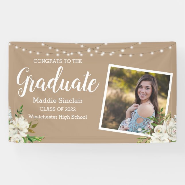 Photo Flowers String Lights Graduation Tan Banner (Horizontal)