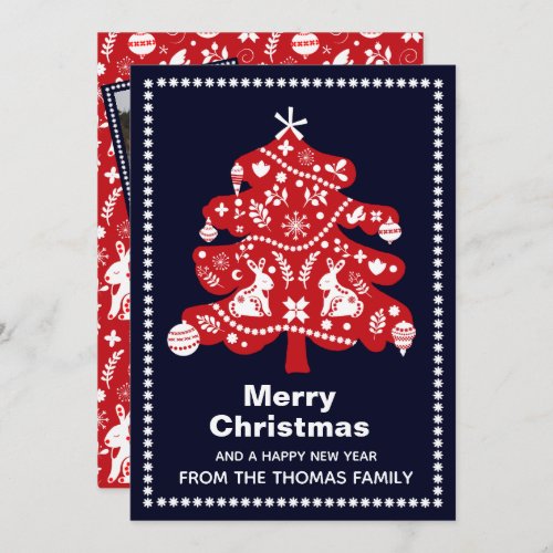 Photo Folk Navy Red Christmas Tree Bunny Floral Holiday Card