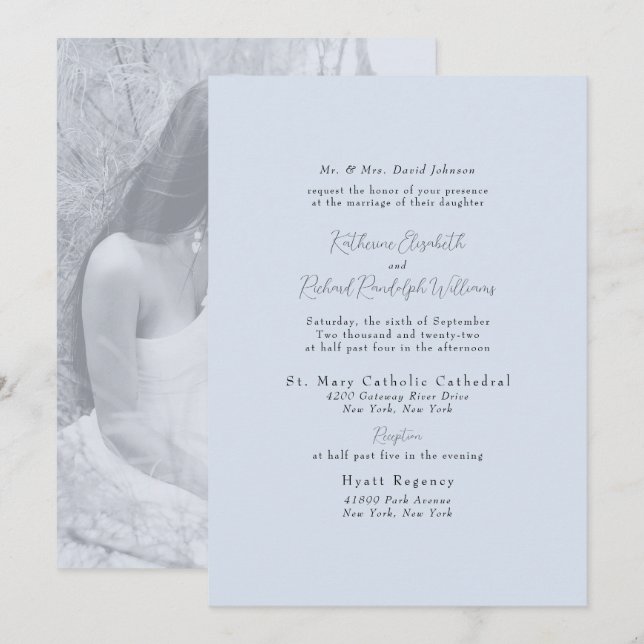 Photo Formal Dusty Blue Bride Parents Wedding  Invitation (Front/Back)