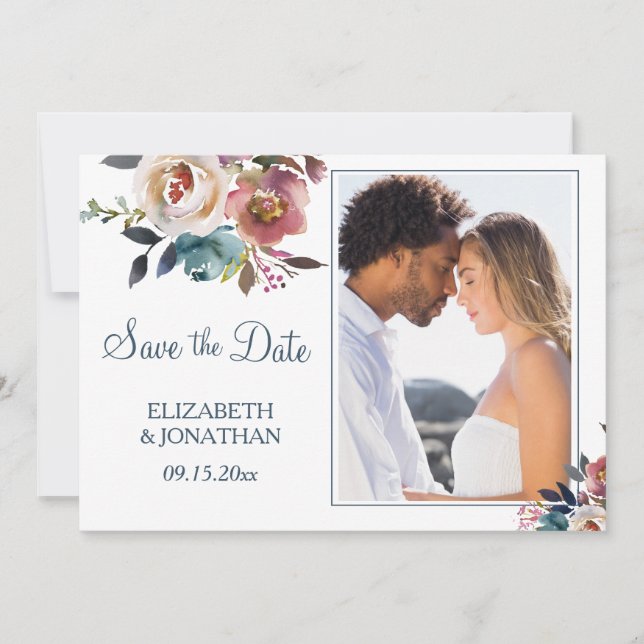 Photo Formal Dusty Blue Wine Burgundy Floral Save The Date (Front)