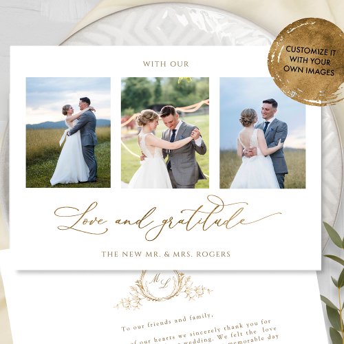 Photo Formal Monogram Love and Gratitude Wedding Thank You Card