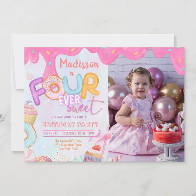 Photo Fourever Sweet Girl 4th Birthday Invitation | Zazzle