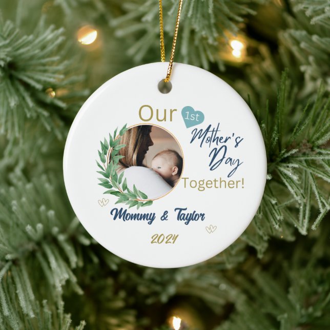 Photo frame, blue,  Our First Mother'sDay Together Ceramic Ornament (Tree)