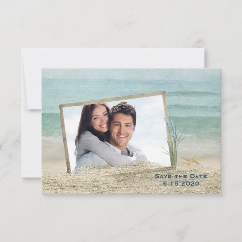 photo frame on beach for save the date