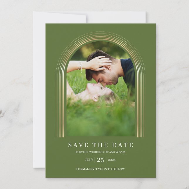 Photo Frame Personalized Olive Green Gold Elegant Save The Date (Front)