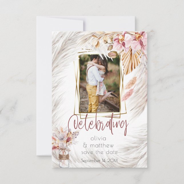 Photo Frame Rustic Burgundy Pink Ivory Pampas Gras Invitation (Front)