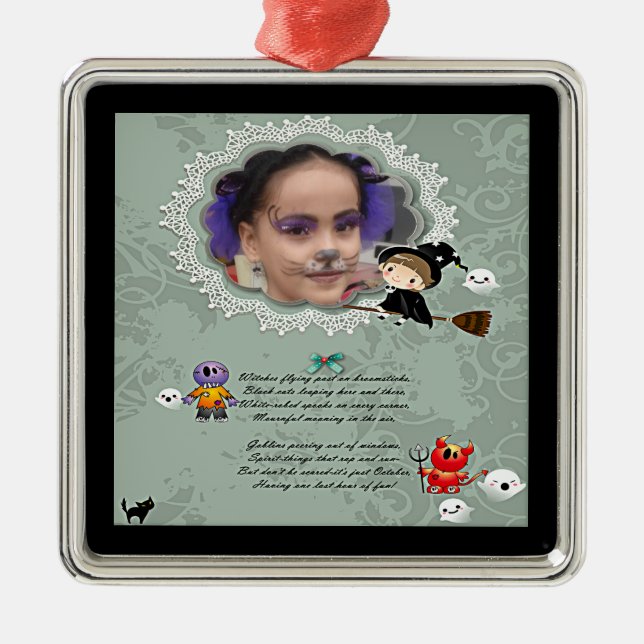 Photo Frame with Witch, Monsters, Ghost, Cat Metal Ornament (Front)