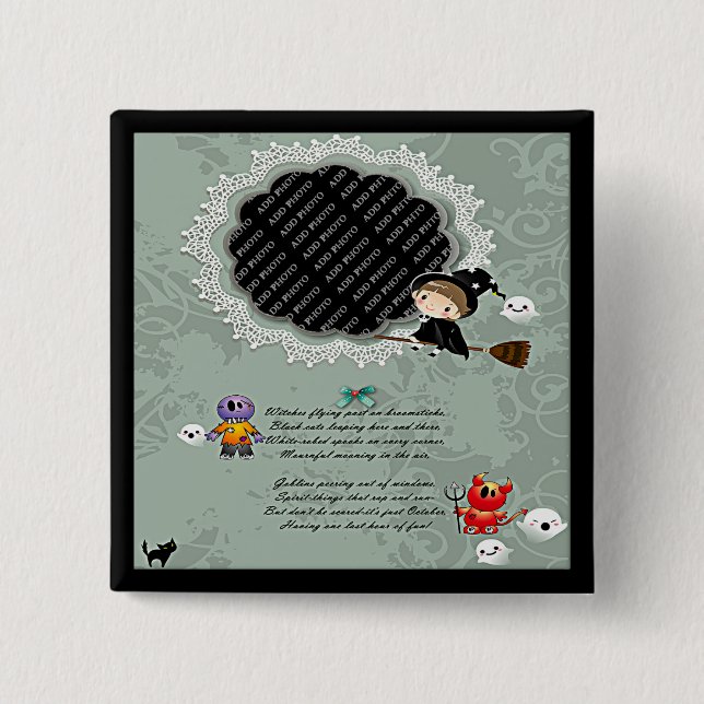 Photo Frame with Witch, Monsters, Ghost, Cat Pinback Button (Front)