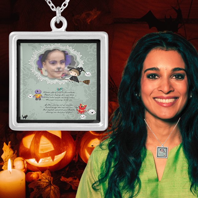 Photo Frame with Witch, Monsters, Ghost, Cat Silver Plated Necklace (Photo Frame with Witch, Monsters, Ghost, Cat Silver Plated Necklace)