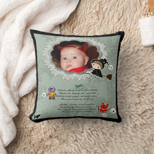Photo Frame with Witch Monsters Ghost Cat Throw Pillow
