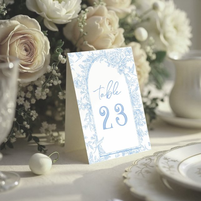 Photo French Toile Blue and White Floral Wedding Table Tent (Wedding Table Number French Toile inspired blue and white florals)