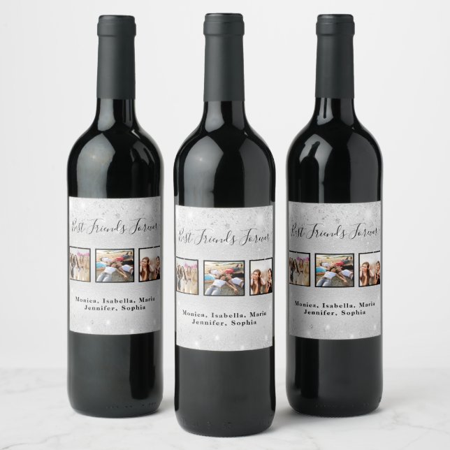 Photo friends forever silver glitter names wine label (Bottles)