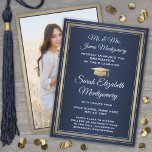 Photo From Parents Navy Gold and White Graduation Announcement<br><div class="desc">Share the joy of a high school or college graduation with these custom photo navy blue, gold and white announcements. (IMAGE PLACEMENT TIP: An easy way to center a picture exactly how you want is to crop it before uploading to the Zazzle website.) This formal style template includes parents' and...</div>