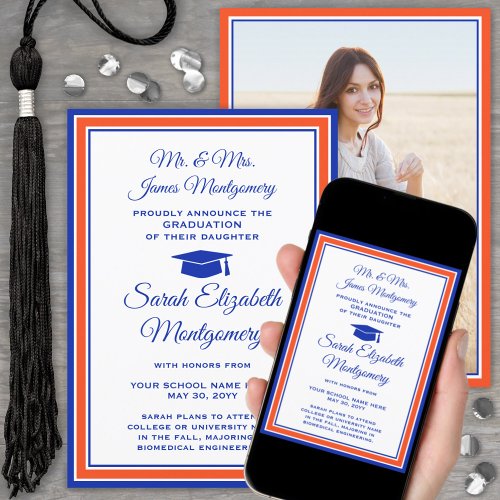 Photo From Parents Orange and Blue Graduation Announcement