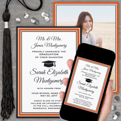 Photo From Parents Orange Black  White Graduation Announcement