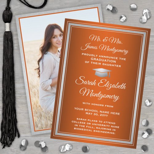 Photo From Parents Orange White Silver Graduation Announcement