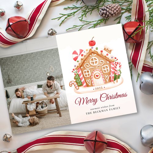 Photo Fun Watercolor Gingerbread House Christmas Holiday Card