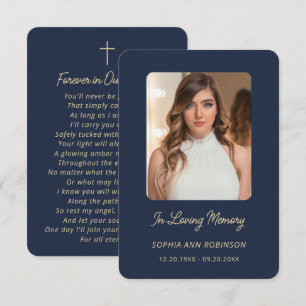 Photo Funeral Blue Elegant Gold Script Prayer Card