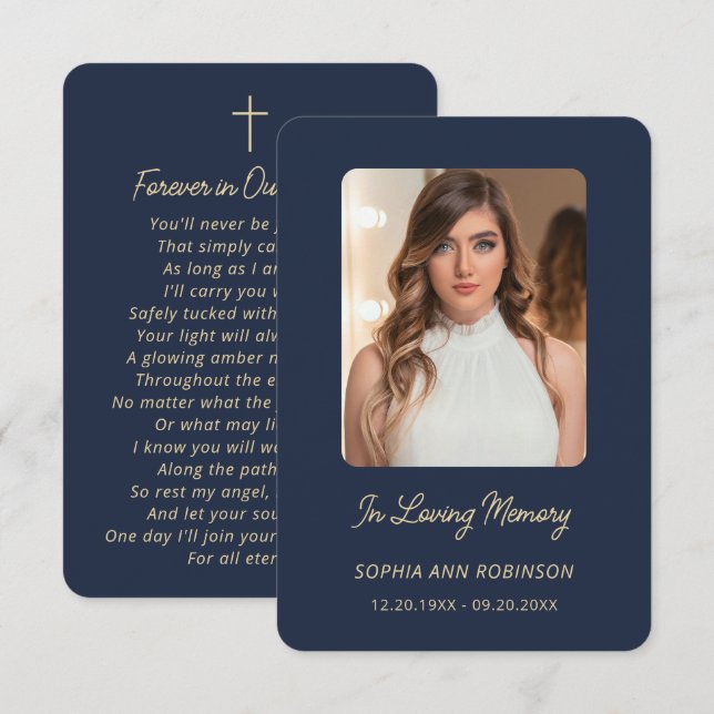 Photo Funeral Blue Elegant Gold Script Prayer Card (Front/Back)