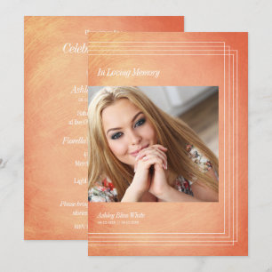 Photo Funeral Invitation Orange Faux Metallic