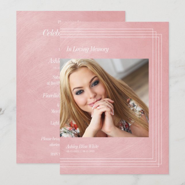 Photo Funeral Invitation Pink Faux Metallic Effect (Front/Back)